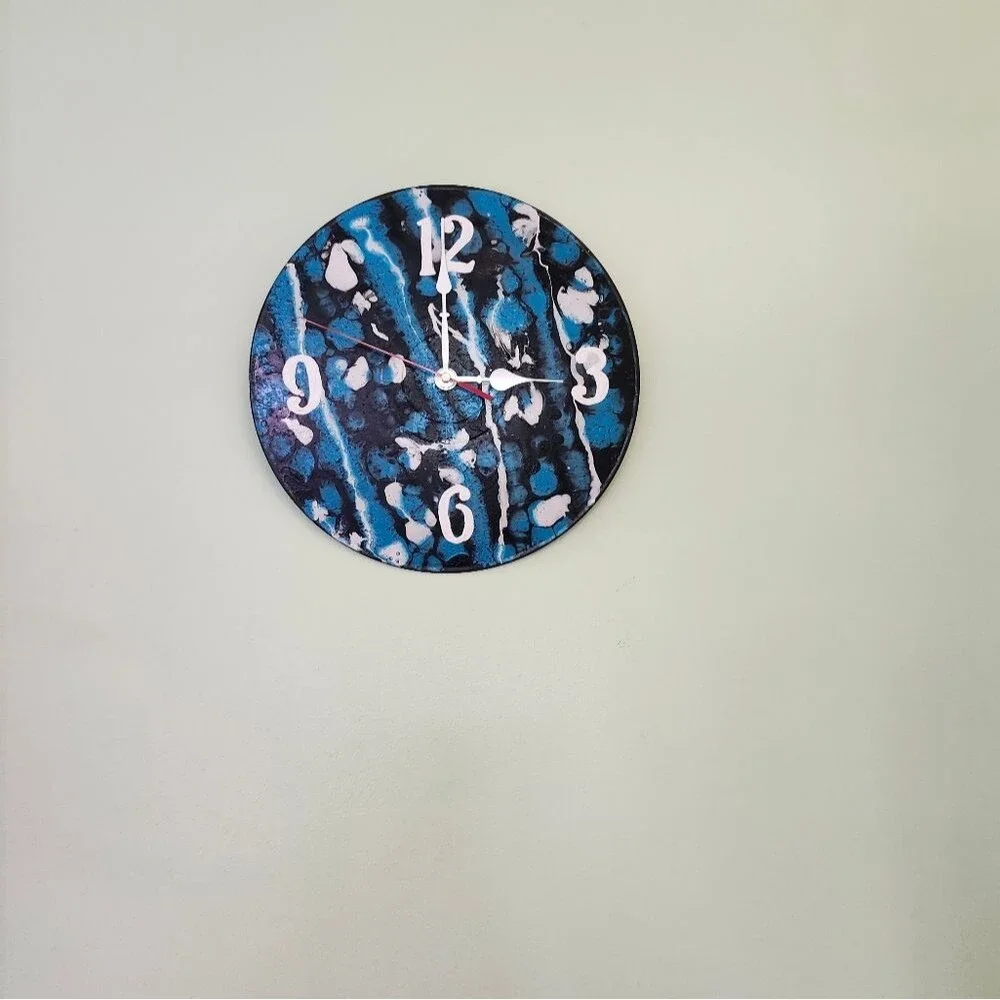 Hand Crafted Abstract Hanging Wall Clock Analog  Vinyl Record Fluid Art Decor